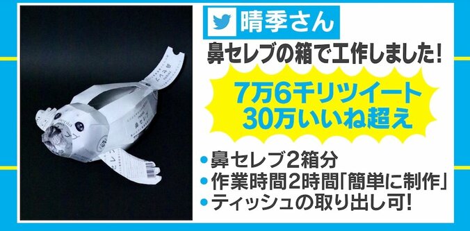 「鼻セレブ」の箱が“アザラシ”に！ 脳内設計で作りあげた作品が話題 1枚目