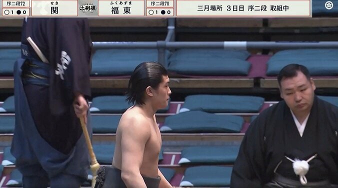 「すごいイケメン力士きた」「いい体してる」序二段“ざんばら”力士が話題 66.8キロ差の巨漢を圧倒 4枚目