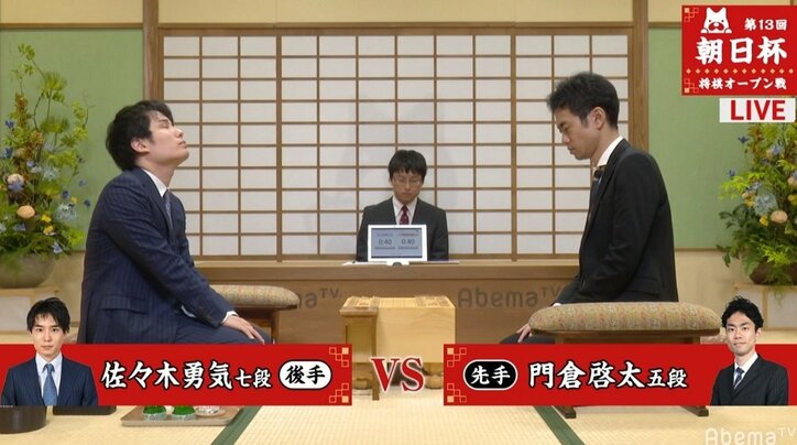 佐々木勇気七段 対 門倉啓太五段　現在対局中／将棋・朝日杯将棋オープン戦