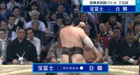 宝富士を下し、白鵬がガッツポーズで波紋