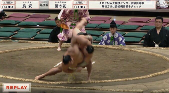 「腕危なかったな」行司軍配も差し違った“驚異の突き落とし”に館内どよめく 物凄い体勢で転落も勝利「すごいな着地」驚きの声 3枚目