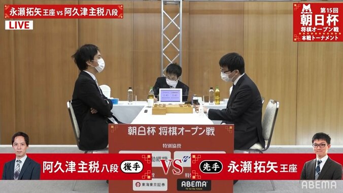 永瀬拓矢王座 対 阿久津主税八段 対局開始 勝者は午後2時からもう一局／将棋・朝日杯 1枚目