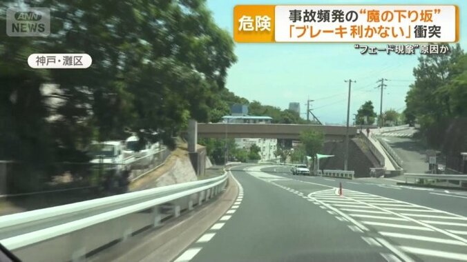 急な坂で断続的にカーブも続く道