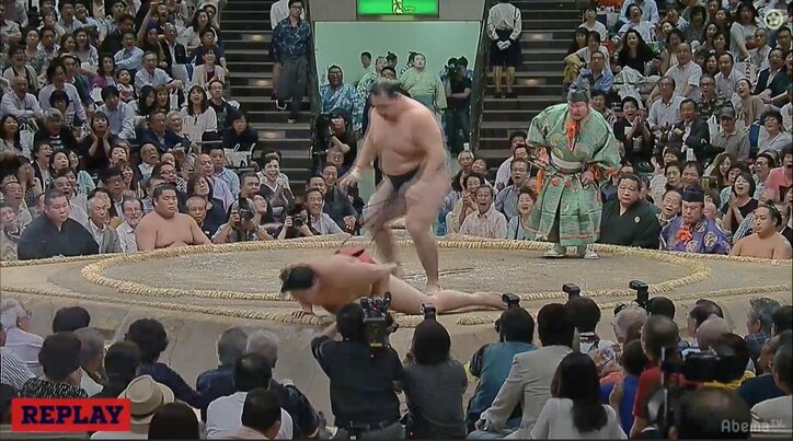 鶴竜、阿炎の突きに体が仰け反るも“叩き込み”で1敗死守　堪えきれなかった阿炎は前のめりにダイブ……