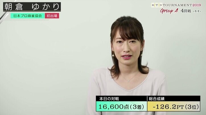 朝倉ゆかり、土俵際で踏ん張りトータル3位「次につなげていきたい」／麻雀・RTDトーナメント2019　グループA