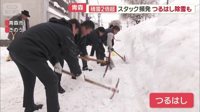 つるはしで雪を取り除く