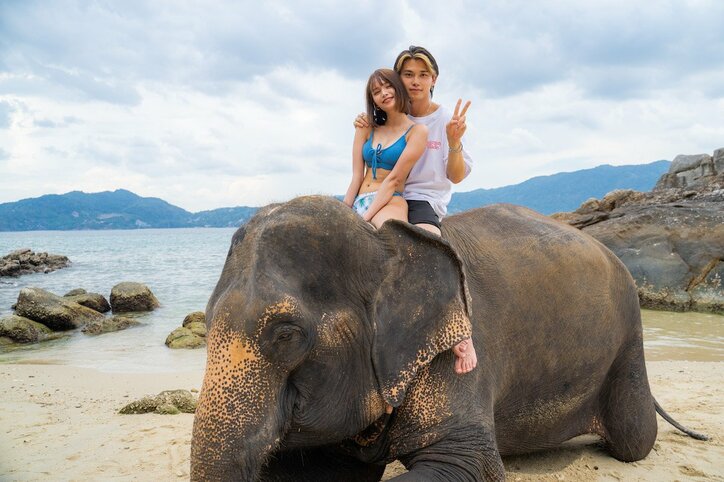 水着で象に乗ってイチャイチャ 美男美女のバックハグ2ショットに「距離感近っ！」と衝撃