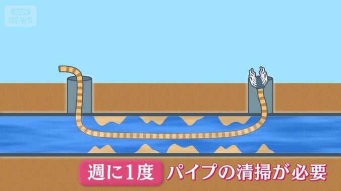 温泉成分がパイプの中に詰まりやすいため、清掃が必要