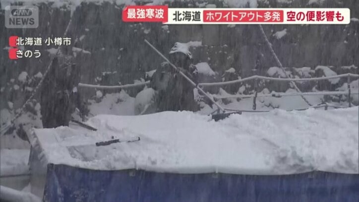 船に積もった雪をおろす