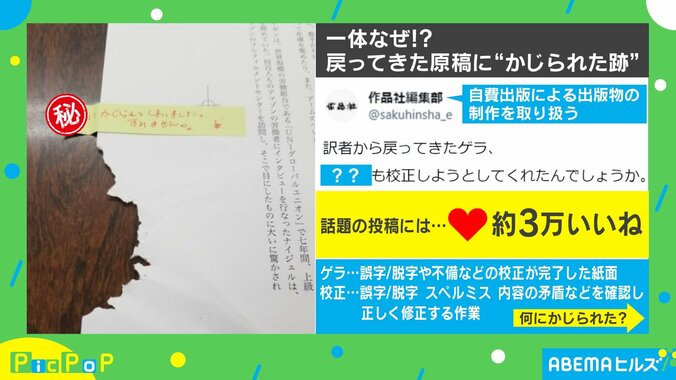 猫が“原稿チェック”？ 訳者から戻ってきたゲラの状態に投稿者「ただの破れかと思ったけどメモを見てニッコリした」 1枚目