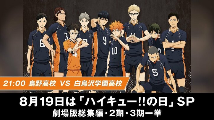 8月19日は「ハイキュー!!の日」 AbemaTVでTVアニメ1期の劇場版総集編・2期・3期を一挙放送!