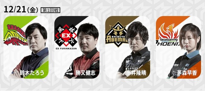 12月21日の出場選手“とにかく負けない”EX風林火山、勝又が首位守れるか／麻雀・大和証券Mリーグ 1枚目