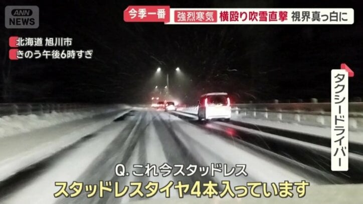 真っ白な道路に横から吹き付ける雪