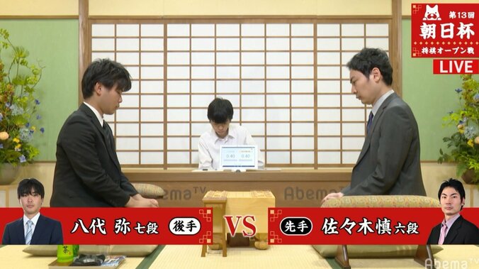 八代弥七段 対 佐々木慎六段　現在対局中／将棋・朝日杯将棋オープン戦一次予選 1枚目