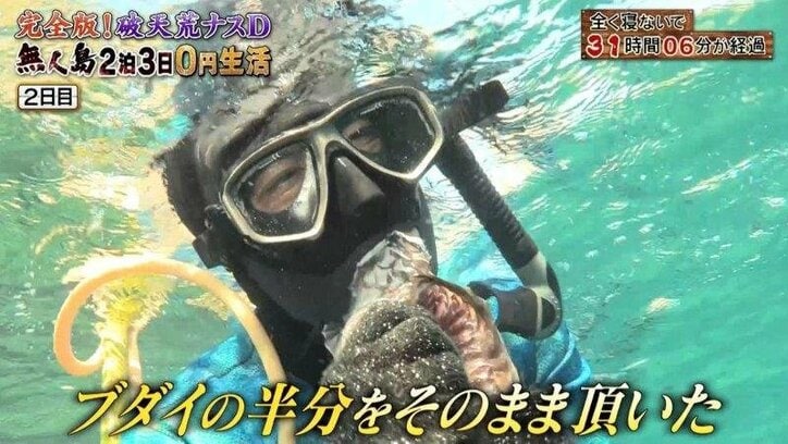 ナスDのワイルドすぎる“海中ランチ”に反響！  視聴者から「無呼吸おどり食い」「産地直食」の声