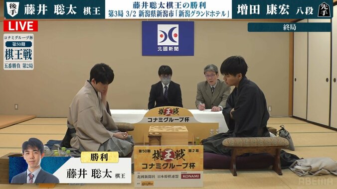 【写真・画像】藤井聡太棋王、連勝で防衛＆タイトル戦通算100勝“王手”！金沢対局で挑戦者・増田康宏八段を破り3連覇に前進／将棋・棋王戦第2局　2枚目