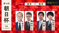 【中継】第16回朝日杯本戦 渡辺名人－西田五段/佐藤天九段－広瀬八段/勝者同士