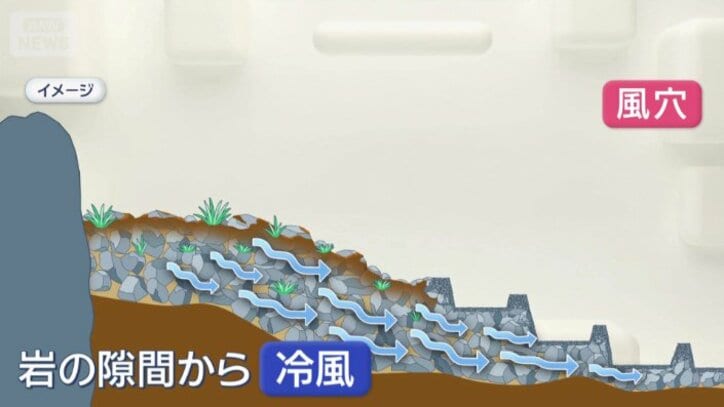 岩の隙間から冷風