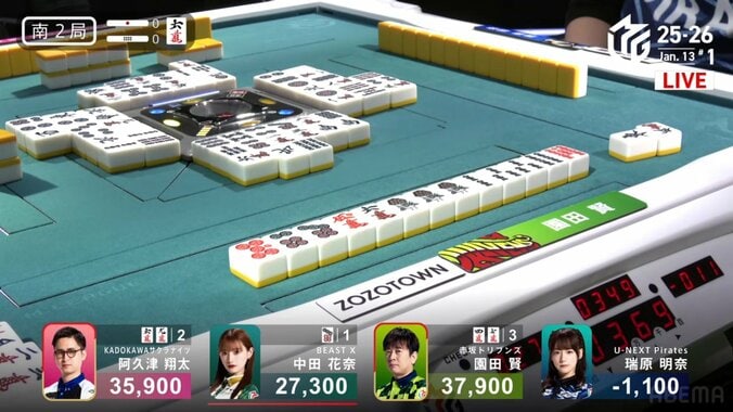 トップへの決定打！園田、渾身の跳満ツモ（実際の様子）