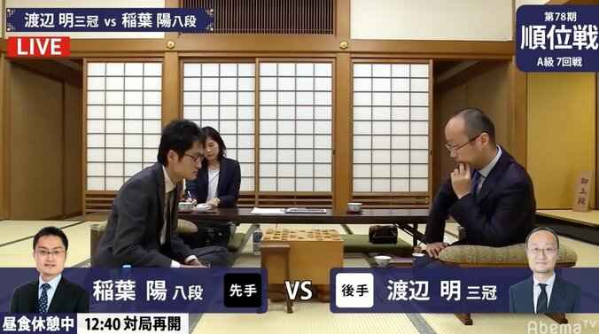 渡辺明三冠、初の名人挑戦へ無傷の7連勝なるか 稲葉陽八段と対局中／将棋・順位戦A級 1枚目