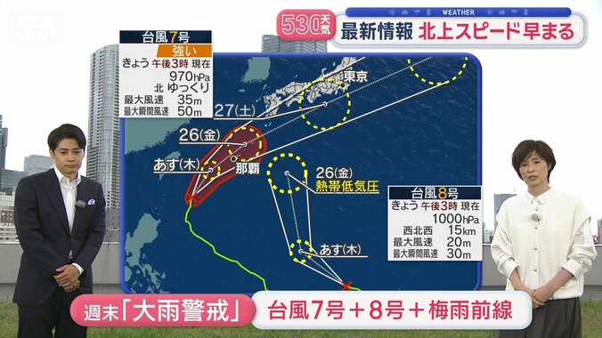 【台風情報】７号＋８号＋梅雨前線で週末も大雨警戒　“ダブル台風”今後の動きは 2枚目