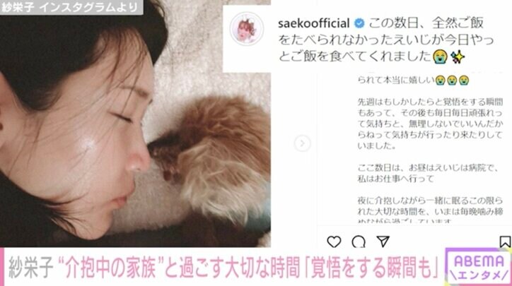 紗栄子、介抱中の愛犬への思いを綴る「頑張れって気持ちと、無理しないでいいんだからねって気持ちが行ったり来たり」