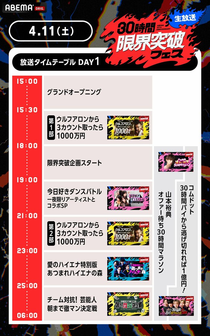 『30時間限界突破フェス』4月11日（土）タイムテーブル