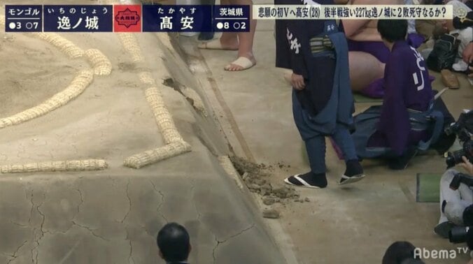 227キロの超巨漢・逸ノ城、倒れ際に左ひざで土俵を破壊…はたき込みで敗れ負け越し 1枚目