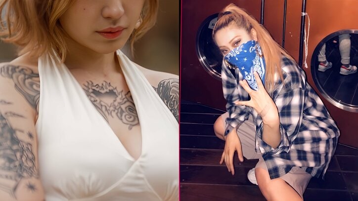【写真・画像】23歳元ヤン美女、“胸元のタトゥー”際立つ谷間大胆なマリリンモンロー風ドレス姿を披露　1枚目
