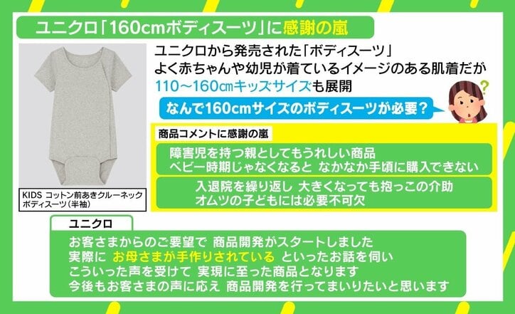 「悩みの種でした」「すごく助かる」 ユニクロの“160cmボディスーツ”に感謝の嵐 病気や障害を抱える子を持つ親の安心感に