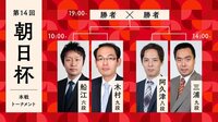 朝日杯 本戦 木村九段－船江六段/三浦九段－阿久津八段/勝者同士
