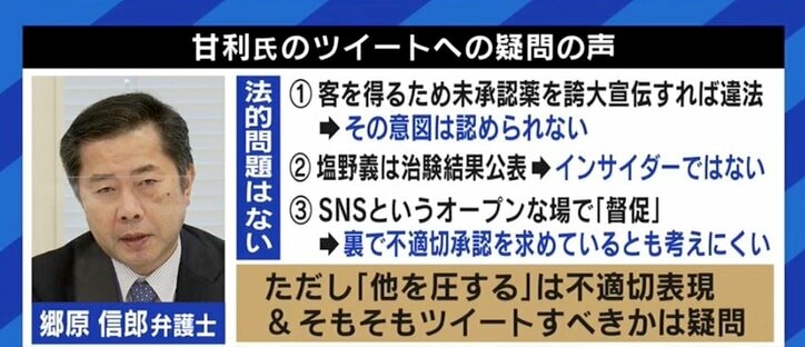甘利氏の“塩野義製薬”ツイートに批判殺到…「癒着でもなんでもない、騒ぎすぎ」「影響力が低下していることの証左」との見方も