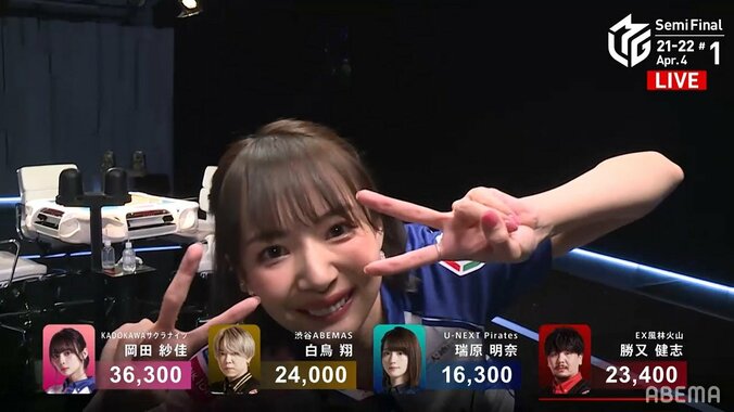 ダブルピースは私のもの 岡田紗佳、大混戦制し笑顔満開「今年は優勝したい！」／麻雀・Mリーグ 1枚目