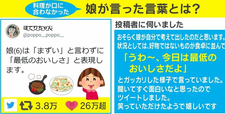 「ぺこぱかと思いました」6歳の娘が考えた”まずい”の代わりの言い回しがSNSで大反響!お母さんに話を聞いた