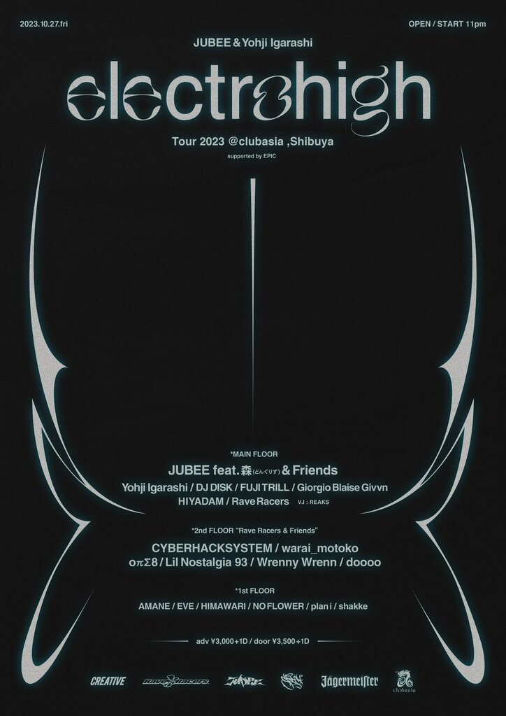 ラッパーJUBEEとプロデューサーYohji IgarashiによるコラボEP『electrohigh』のツアーファイナルが10/27(金) clubasiaで開催。