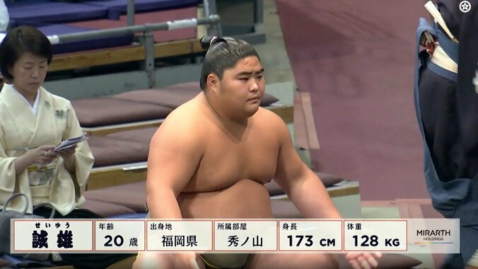 綺麗にパンプアップされた三段目三枚目・誠雄（秀ノ山）と整えられたキリリ眉