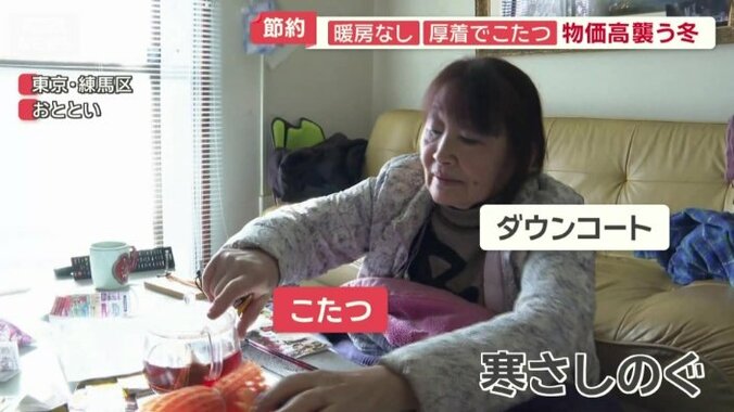 ダウンコートを着たままこたつに入り寒さをしのぐ