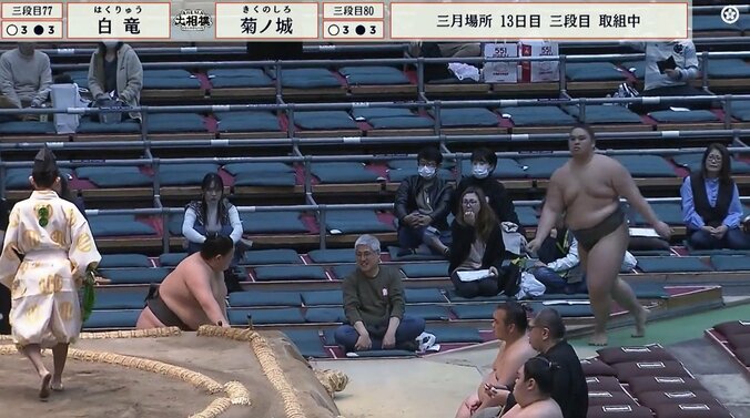 「様子がおかしい」土俵下に転落した力士、勝ち越し決めるも心配の声 土俵下で呼出も心配顔 3枚目