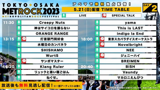 『メトロック2023』配信タイムテーブルが公開に！GENERATIONS、Creepy Nutsなどを生中継 5枚目