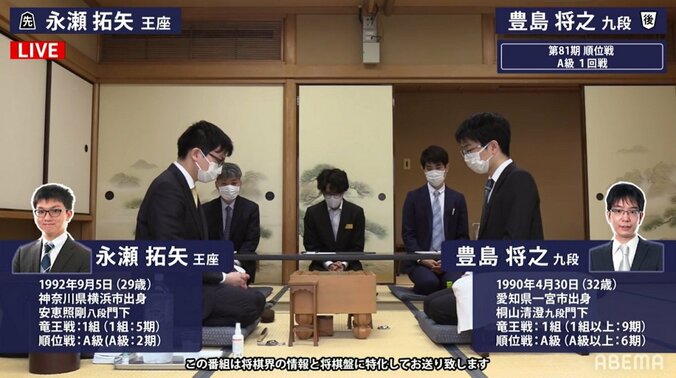 永瀬拓矢王座VS豊島将之九段 開幕戦の戦型は「相掛かり」に／将棋・順位戦A級 1枚目