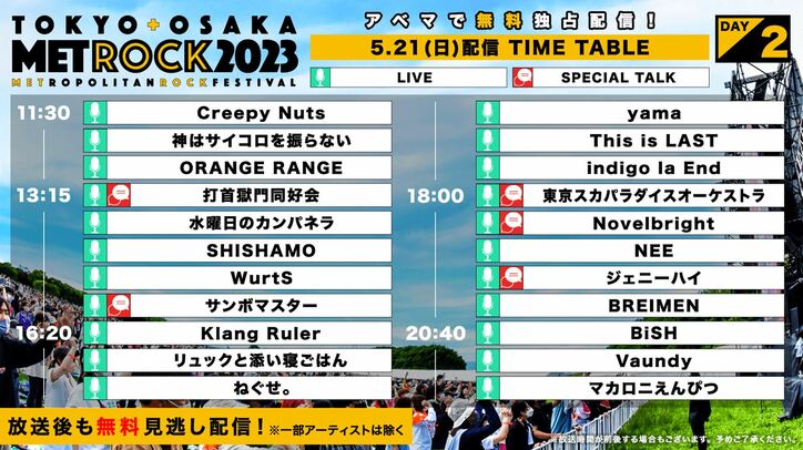 『メトロック2023』配信タイムテーブルが公開に！GENERATIONS、Creepy Nutsなどを生中継