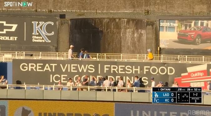 大谷の「噴水弾」を覗き込む観客