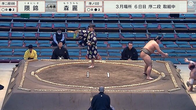 土俵下に転落した森麗