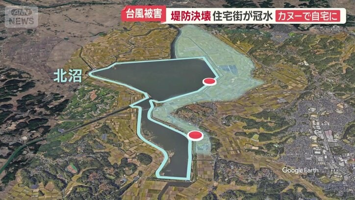 北印旛沼の2カ所で堤防が決壊