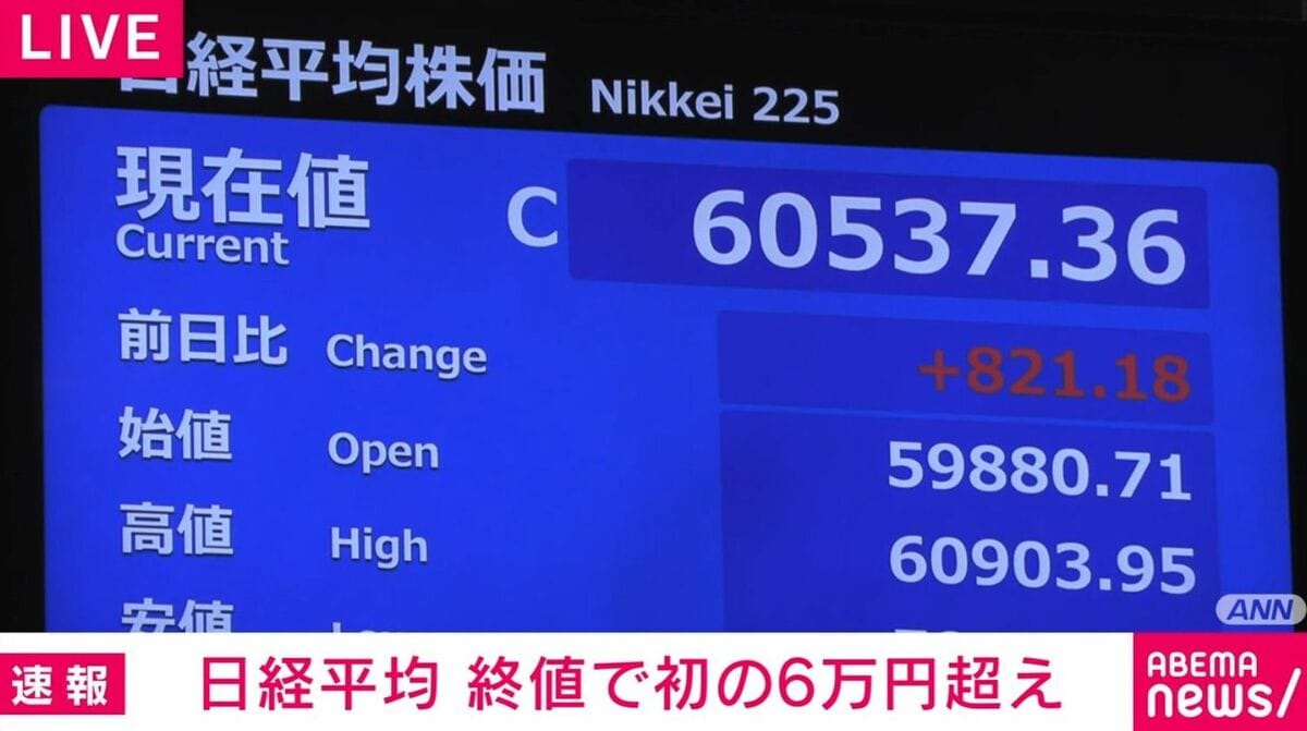 日経平均 終値で初の6万円超え | 国内 | ABEMA TIMES | アベマタイムズ