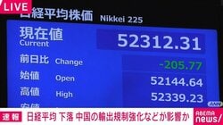 日経平均 下落 中国の輸出規制強化などが影響か