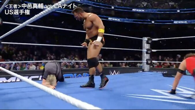 悶絶するレフェリーを心配そうに見つめるLAナイト