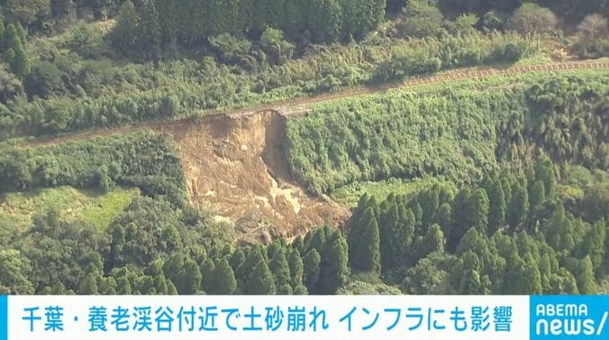 浮いた線路と大規模な土砂崩れ（空撮）