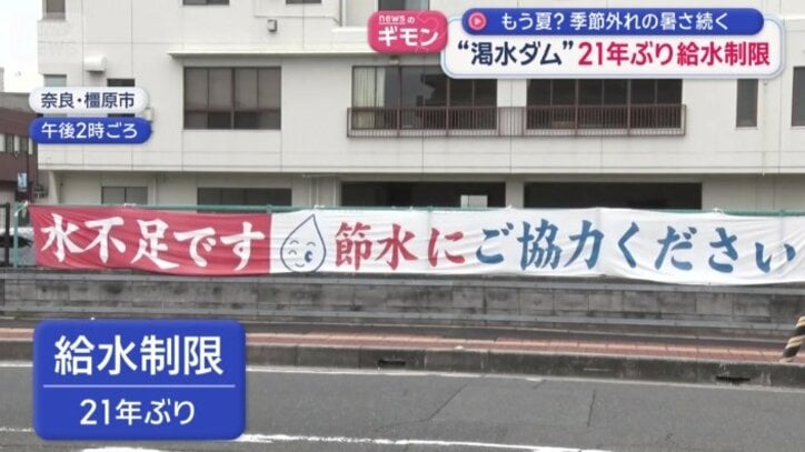 「水不足」と「節水」を呼びかける横断幕