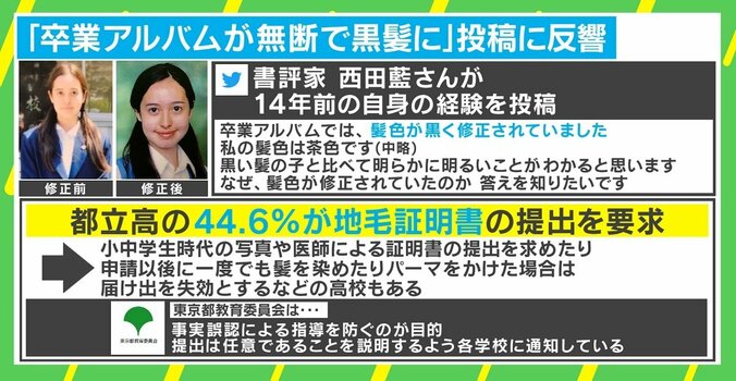 「卒アルの髪色が黒く修正されていた」 西田藍さんのツイートに反響、“当たり前”の前提の見直しを訴え 4枚目